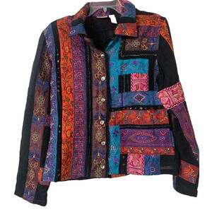 Chico’s Patchwork Embroidered Boho Wearable Art Jacket Size 1 Or Medium 8 (F5)